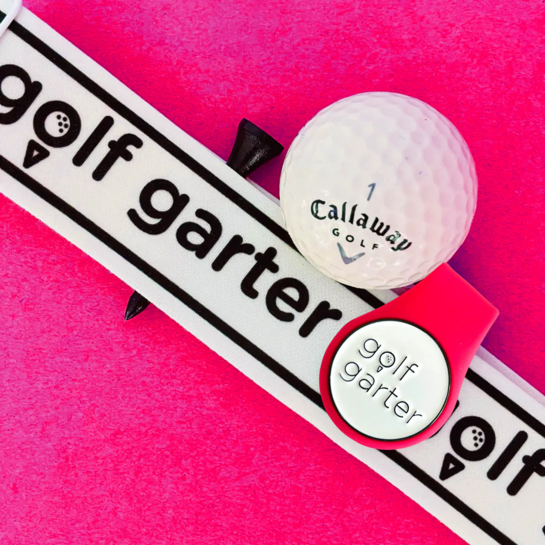 Golf Garter Girl Starter Pack with the Berry color variant of the fold-over magnetic golf ball marker.