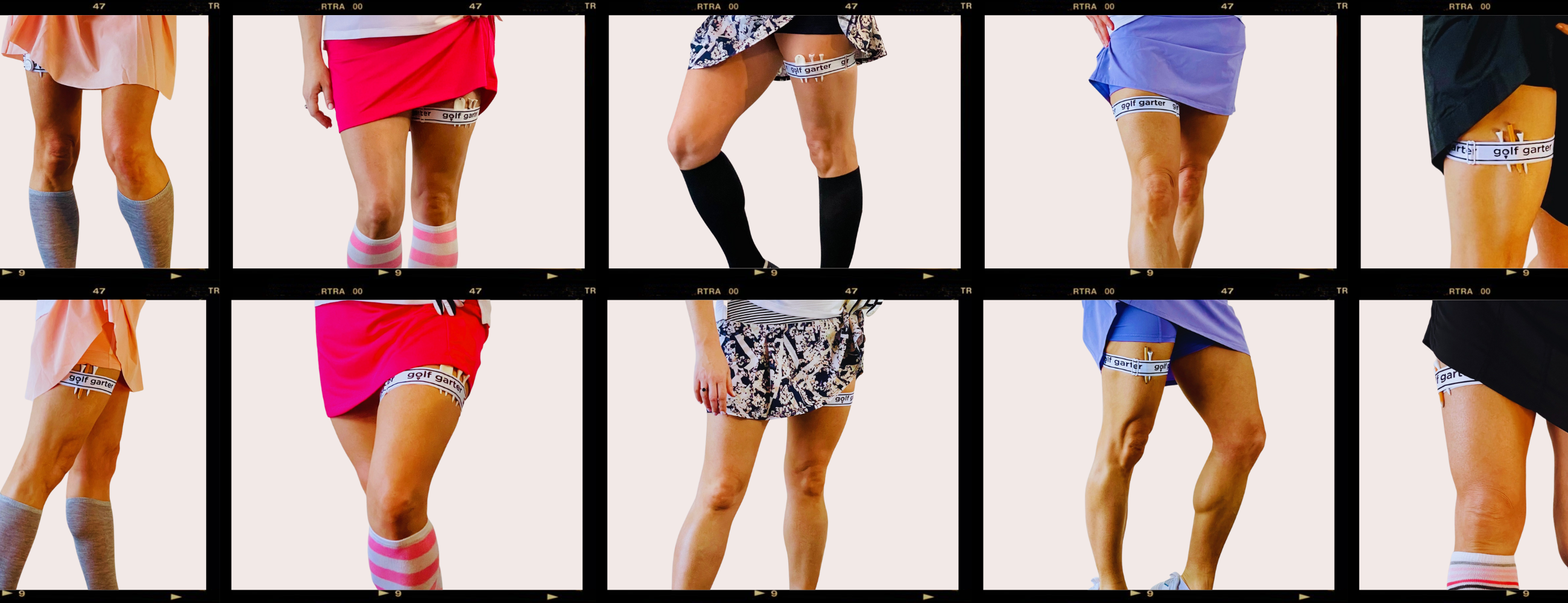 This is a banner image. There are 10 photographs in a grid. Each one shows a women wearing a golf skirt showing a golf garter underneath. Each one is a different skirt and different pose.