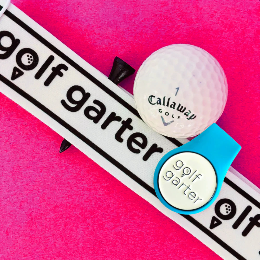 Golf Garter Girl Starter Pack with the Ocean Blue color variant of the fold-over magnetic golf ball marker. 