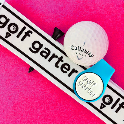 Golf Garter Girl Starter Pack with the Ocean Blue color variant of the fold-over magnetic golf ball marker. 