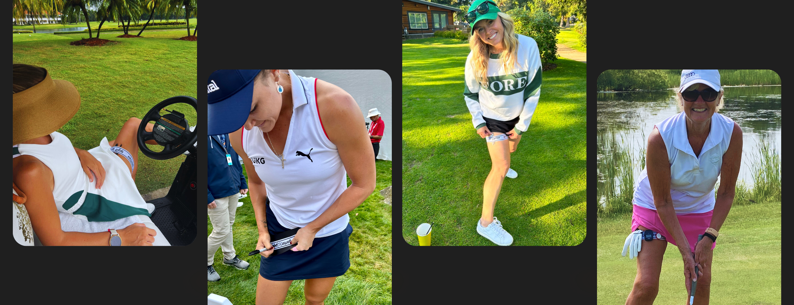 This is a collage of women wearing Golf Garters while out on the golf course