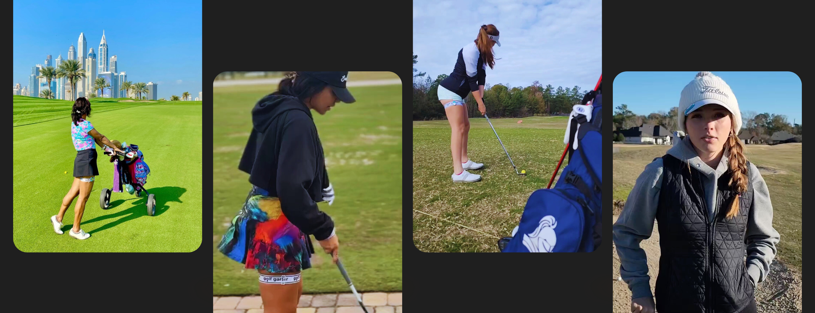 This is a collage of different female golfers out on the course with their Golf Garters visible. One girl is wearing a golf garter ball marker on her hat. 