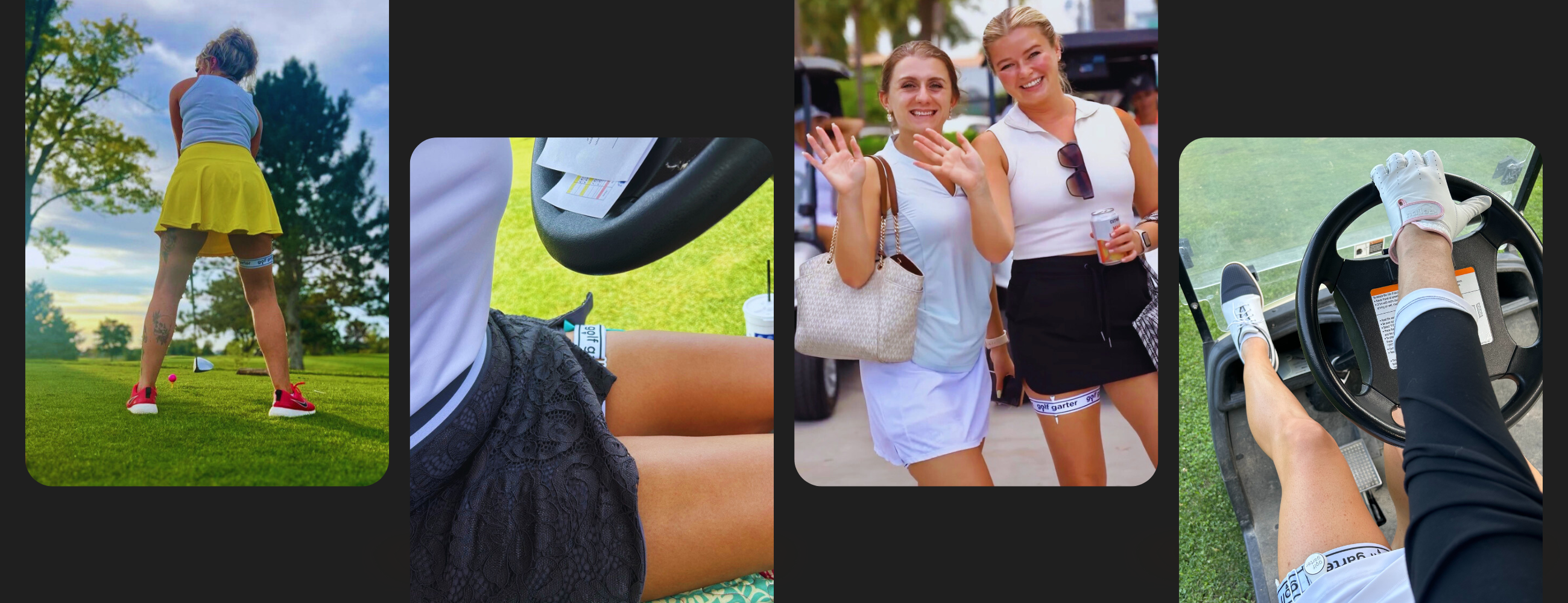 This is a collage of different female golfers out on the course with their Golf Garters visible.