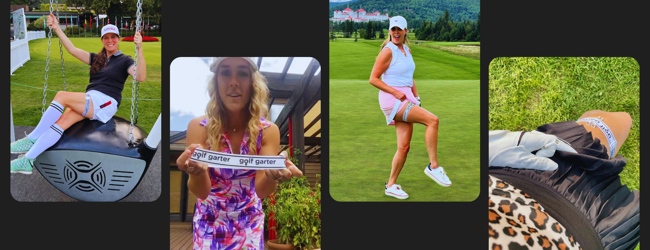 This is a collage of different female golfers out on the course with their Golf Garters visible.