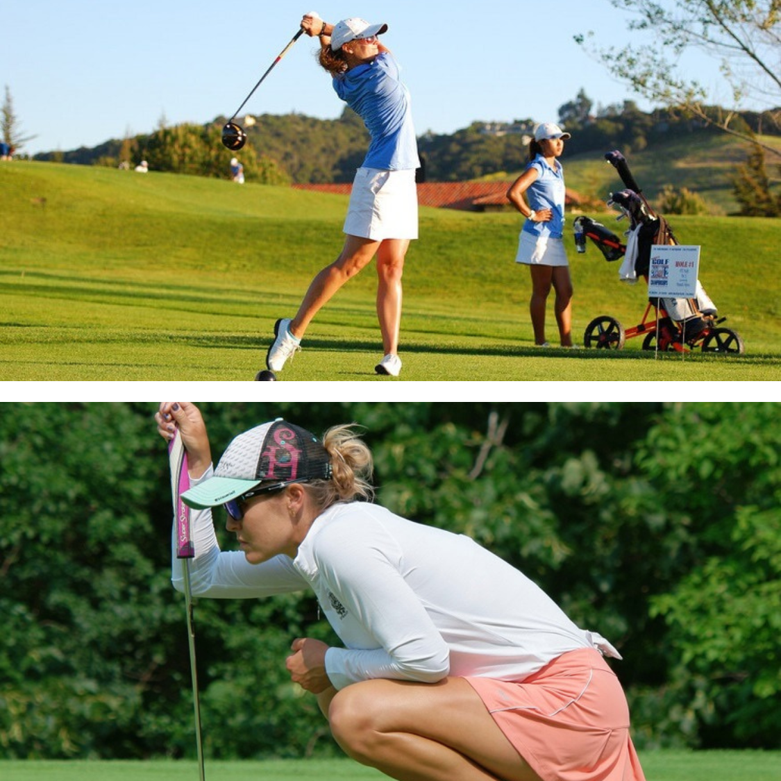 This is a photo collage of two photographs. The first shows a women swinging a club on the fairway. The second shows a women eyeing her shot on the putting green. 