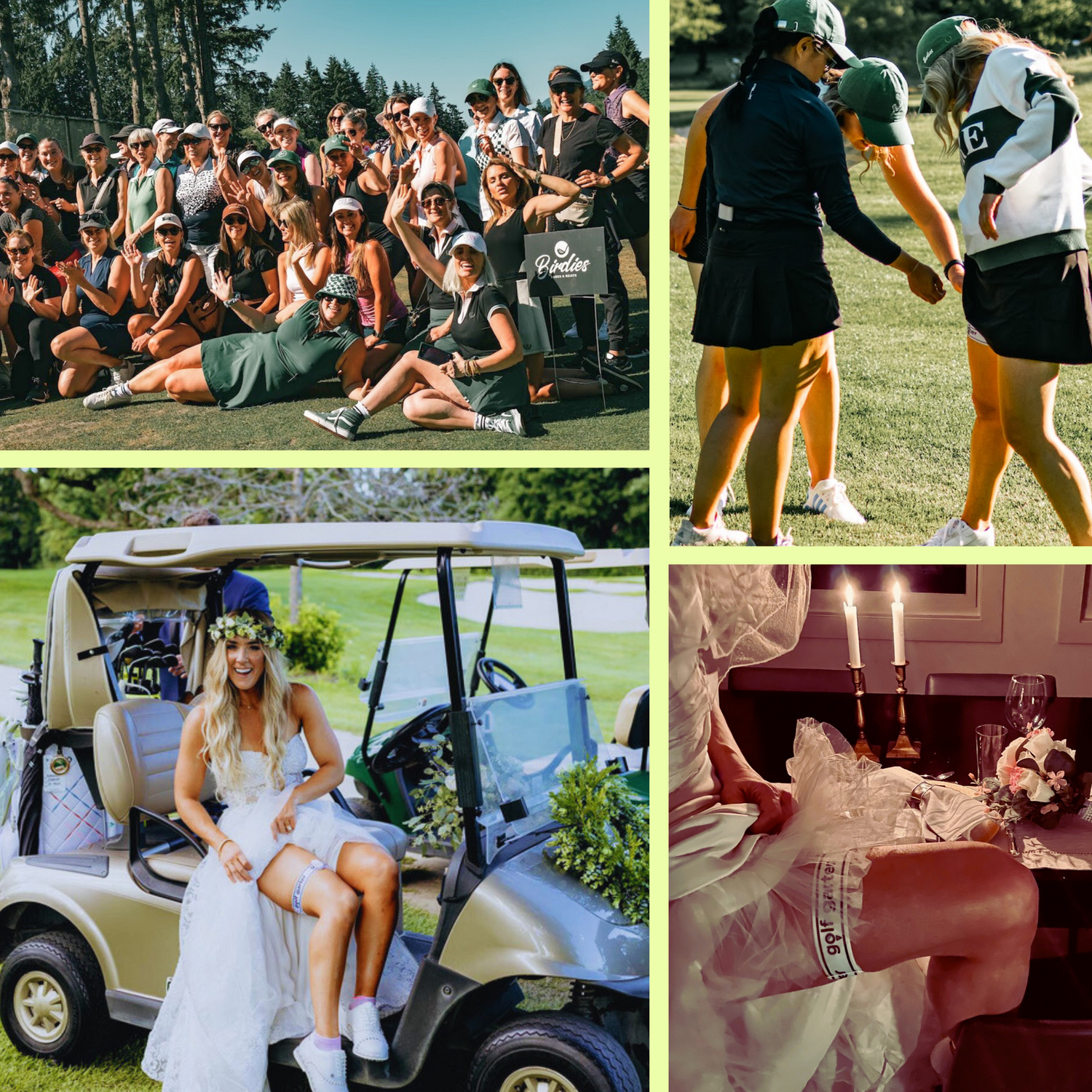 This a collage for four photos. In two photos, brides are showing a golf garter on their legs under their wedding dresses. The other two photos are groups of women having fun on the golf course.