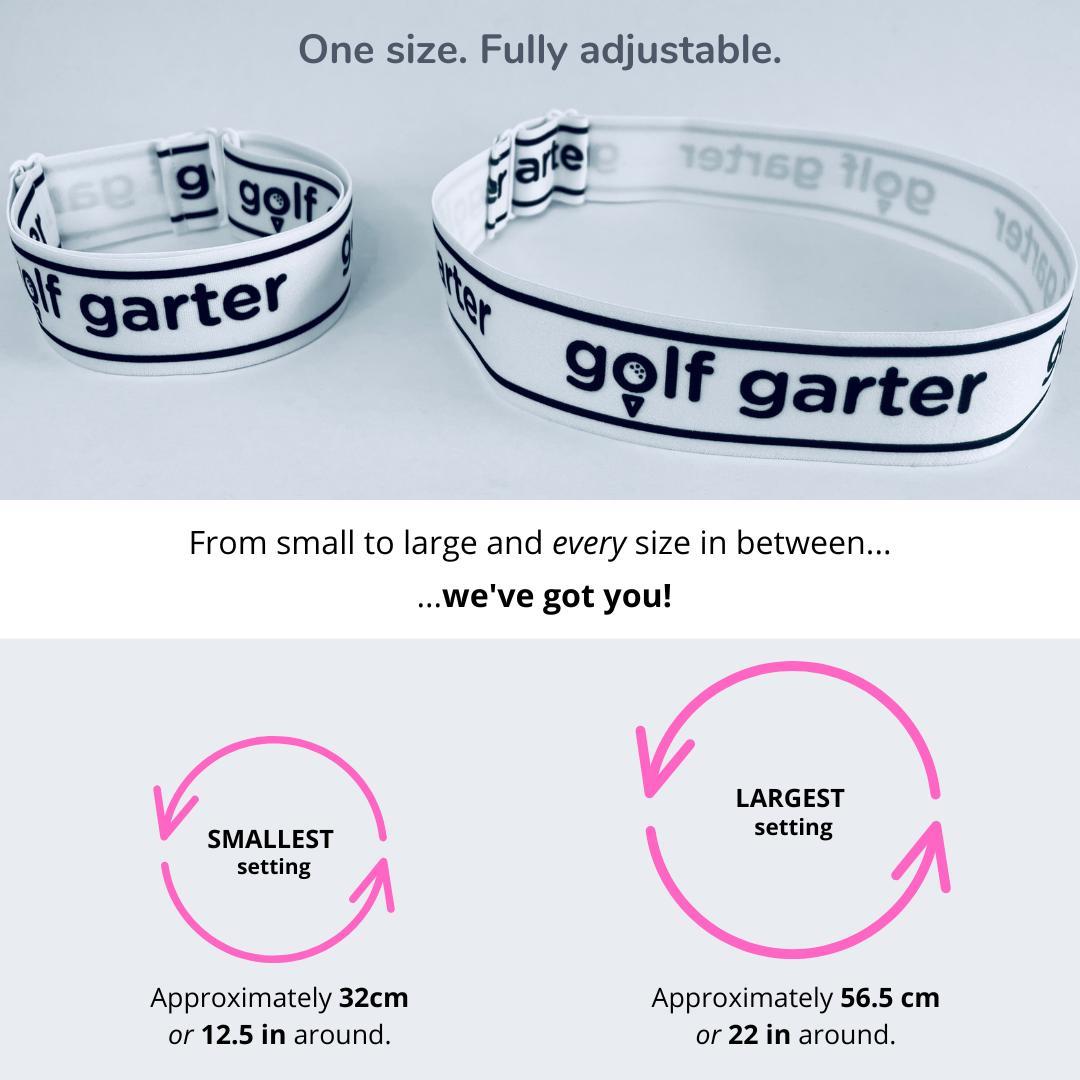 This is an image of two Golf Garters. One small (32 cm or 12.5 inches around) and one large (56.5 cm or 22 inches around)